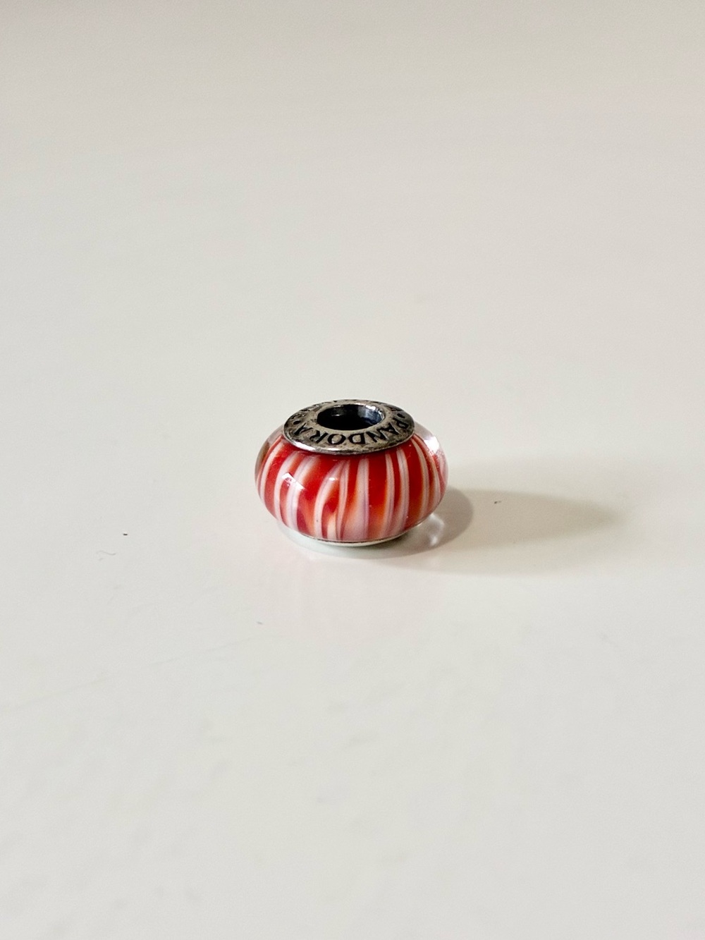 Pandora 925 Sterling Silver Cinnamon Red and White Striped Murano Glass Charm